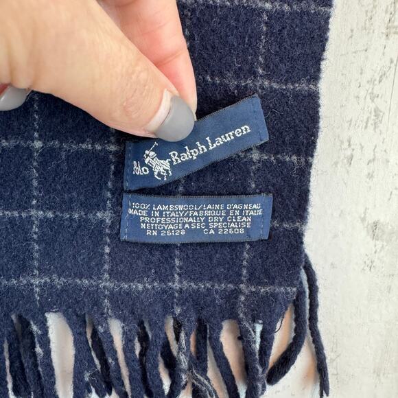 VTG 90's Polo Ralph Lauren Navy Blue Windowpane Plaid Lambswool Fringe Scarf - Picture 5 of 11